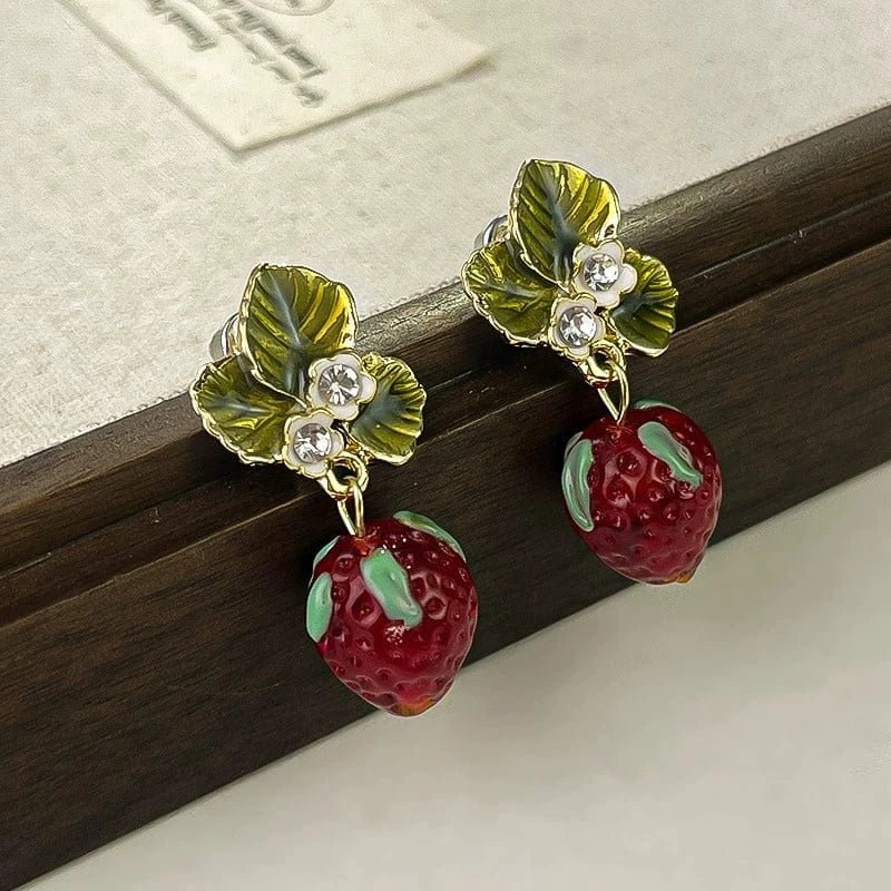 Chic CZ Inlaid Enamel Leaf Strawberry Dangle Earrings - ArtGalleryZen
