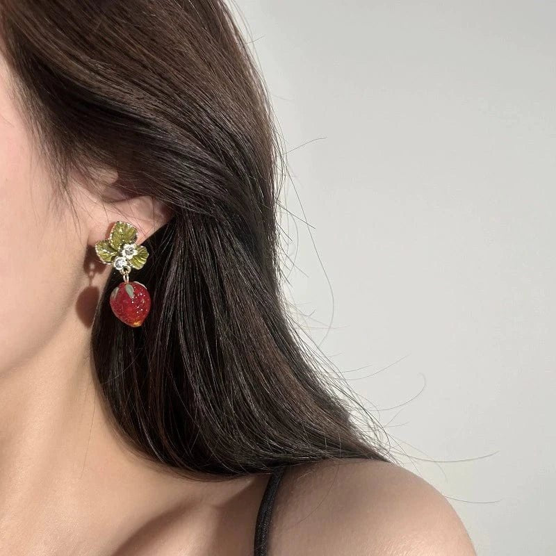 Chic CZ Inlaid Enamel Leaf Strawberry Dangle Earrings - ArtGalleryZen