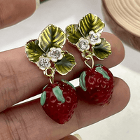 Thumbnail for Chic CZ Inlaid Enamel Leaf Strawberry Dangle Earrings - ArtGalleryZen