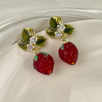 Thumbnail for Chic CZ Inlaid Enamel Leaf Strawberry Dangle Earrings
