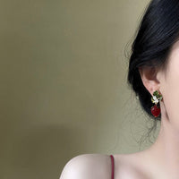 Thumbnail for Chic CZ Inlaid Enamel Leaf Strawberry Dangle Earrings