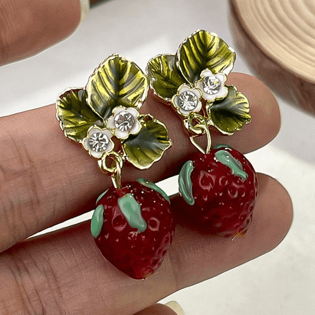 Chic CZ Inlaid Enamel Leaf Strawberry Dangle Earrings