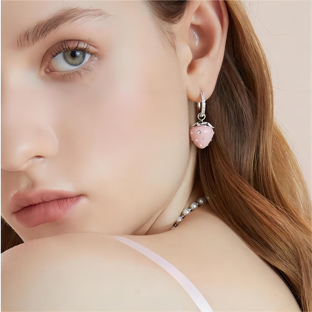 Chic CZ Inlaid Enamel Pink Strawberry Huggie Hoop Earrings - ArtGalleryZen