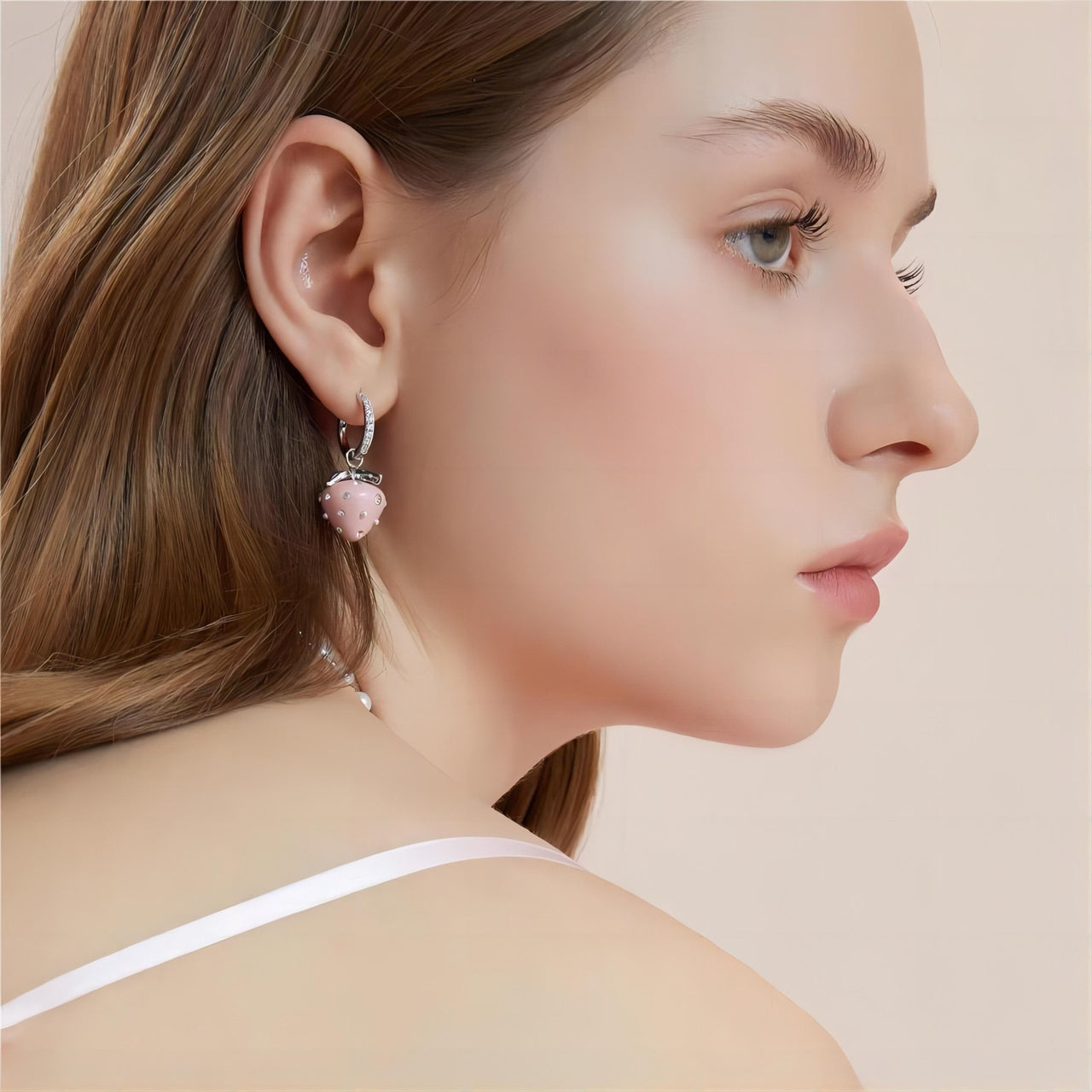 Chic CZ Inlaid Enamel Pink Strawberry Huggie Hoop Earrings - ArtGalleryZen