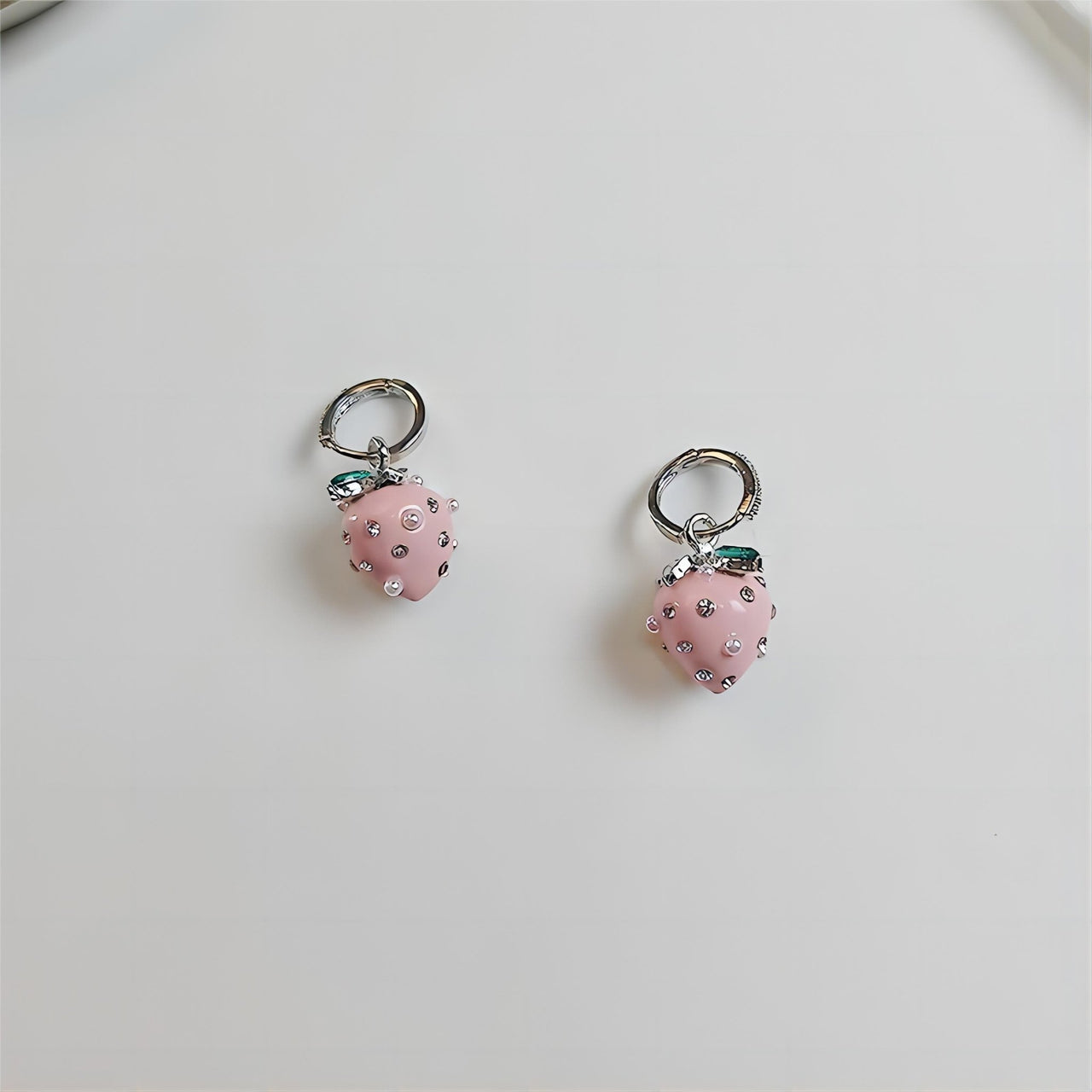 Chic CZ Inlaid Enamel Pink Strawberry Huggie Hoop Earrings - ArtGalleryZen