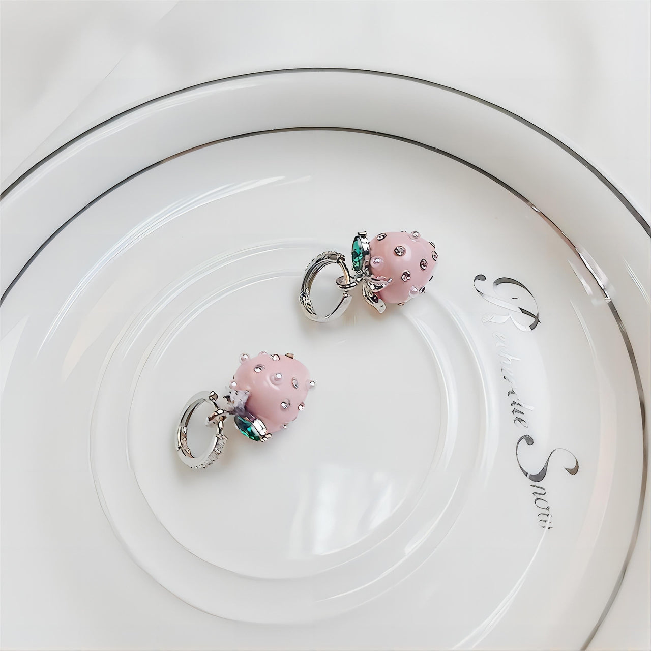 Chic CZ Inlaid Enamel Pink Strawberry Huggie Hoop Earrings - ArtGalleryZen