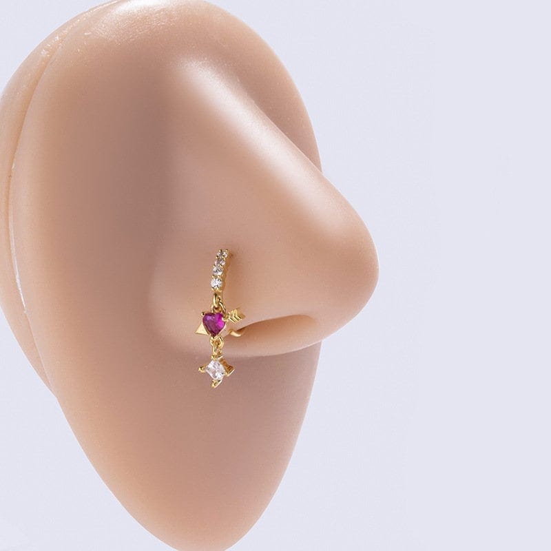 Chic CZ Inlaid Floral Arrow Heart Moon Star Dangling Nose Piercing Hoop - ArtGalleryZen