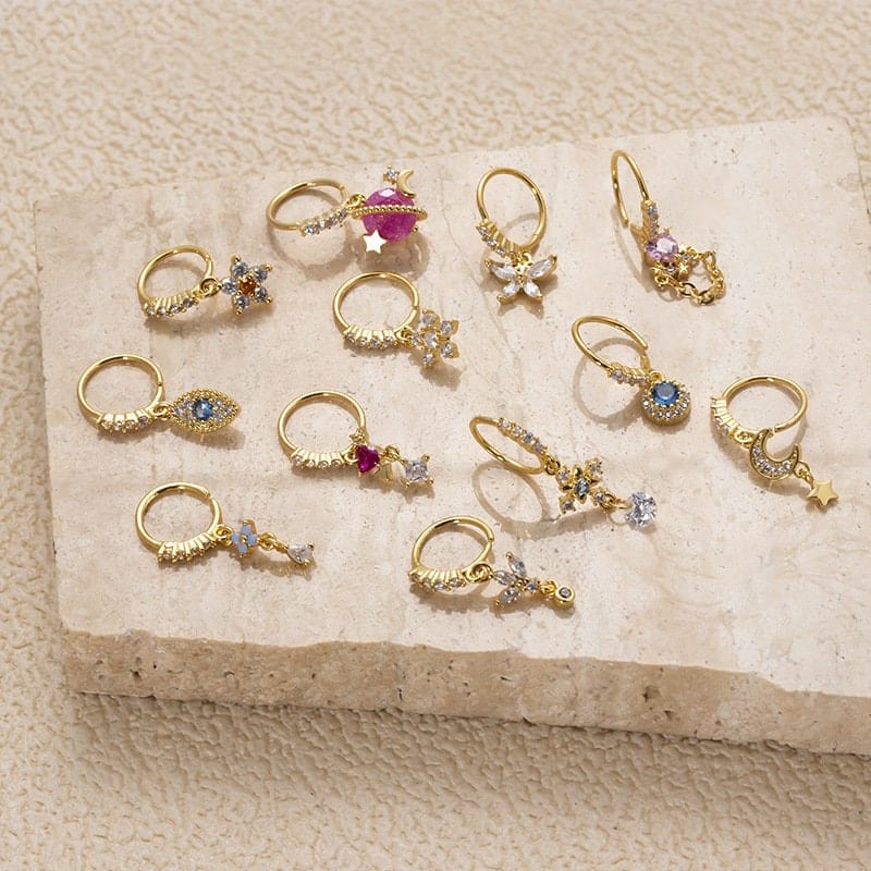 Chic CZ Inlaid Floral Arrow Heart Moon Star Dangling Nose Piercing Hoop - ArtGalleryZen
