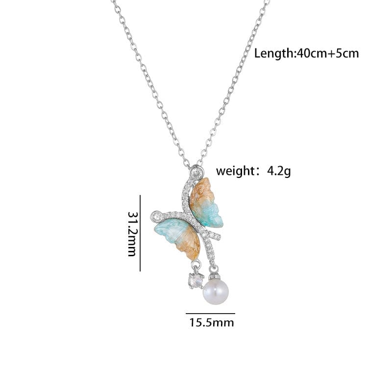 Chic CZ Inlaid Gradient Butterfly Pearl Pendant Cable Chain Necklace