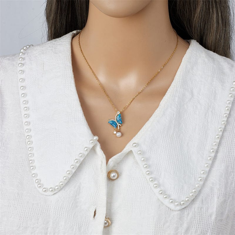 Chic CZ Inlaid Gradient Butterfly Pearl Pendant Cable Chain Necklace