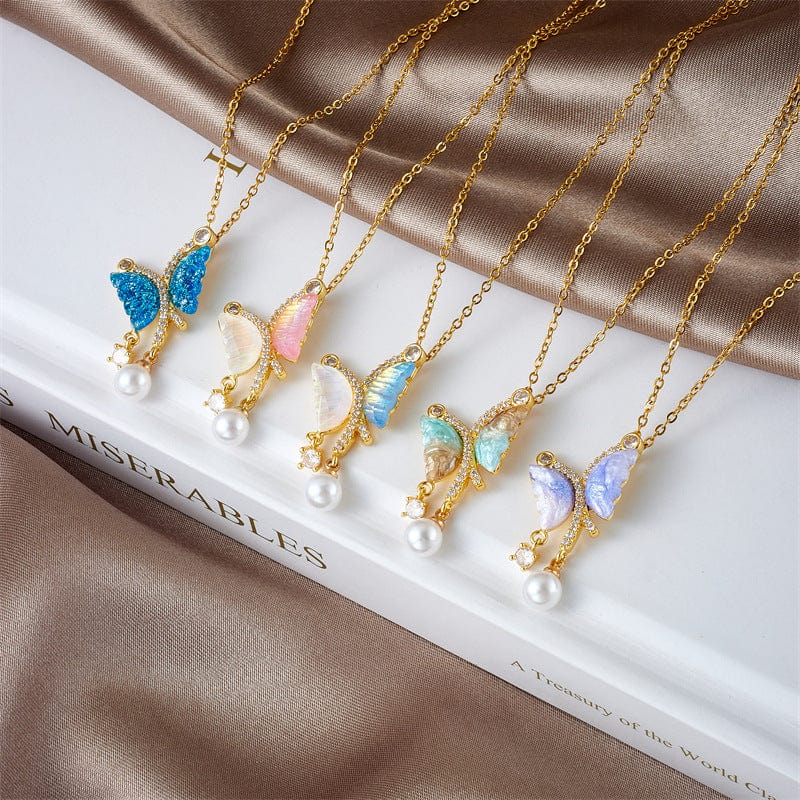 Chic CZ Inlaid Gradient Butterfly Pearl Pendant Cable Chain Necklace