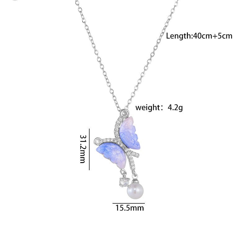 Chic CZ Inlaid Gradient Butterfly Pearl Pendant Cable Chain Necklace