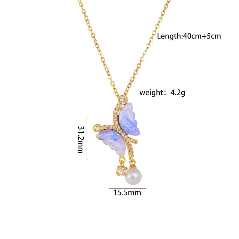 Chic CZ Inlaid Gradient Butterfly Pearl Pendant Cable Chain Necklace