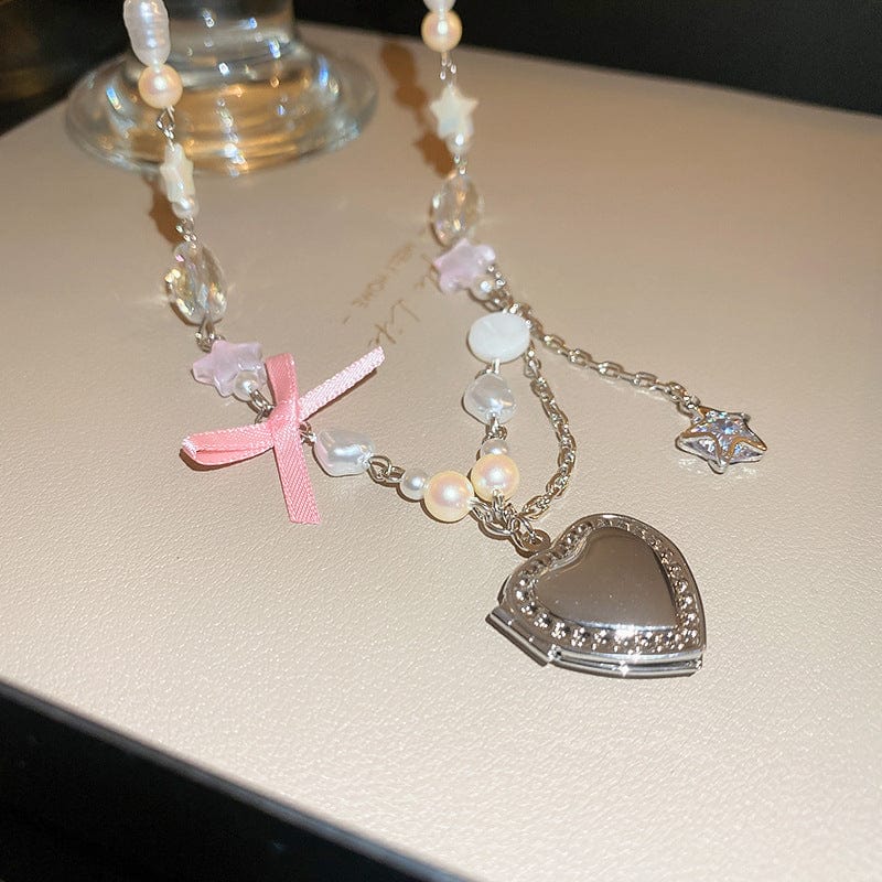 Chic CZ Inlaid Heart Locket Pendant Star Pearl Chain Necklace - ArtGalleryZen