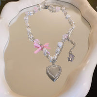 Thumbnail for Chic CZ Inlaid Heart Locket Pendant Star Pearl Chain Necklace - ArtGalleryZen