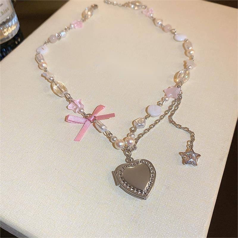 Chic CZ Inlaid Heart Locket Pendant Star Pearl Chain Necklace - ArtGalleryZen