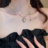 Thumbnail for Chic CZ Inlaid Heart Locket Pendant Star Pearl Chain Necklace - ArtGalleryZen