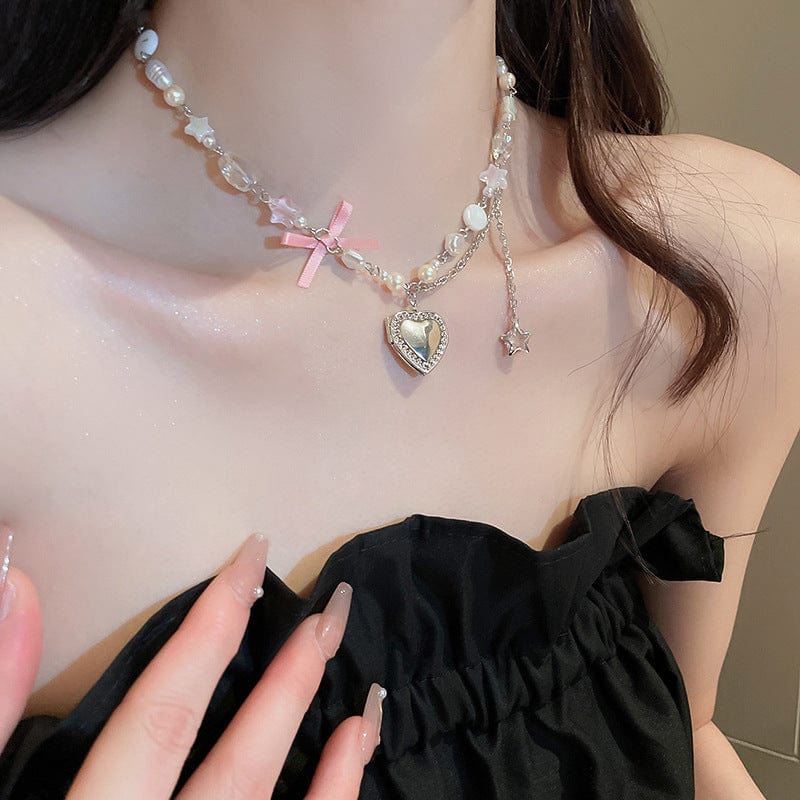 Chic CZ Inlaid Heart Locket Pendant Star Pearl Chain Necklace - ArtGalleryZen