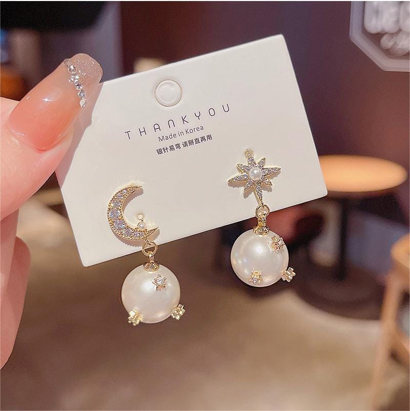 Chic CZ Inlaid Moon Phase Star Dangle Pearl Earrings - ArtGalleryZen