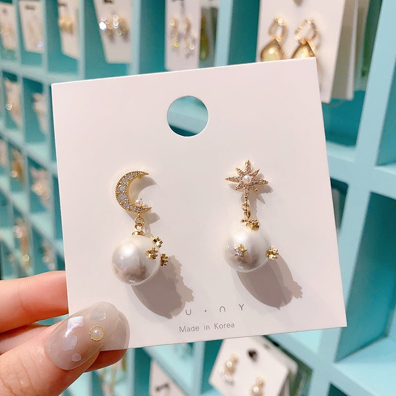 Chic CZ Inlaid Moon Phase Star Dangle Pearl Earrings - ArtGalleryZen