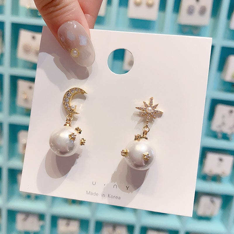 Chic CZ Inlaid Moon Phase Star Dangle Pearl Earrings - ArtGalleryZen