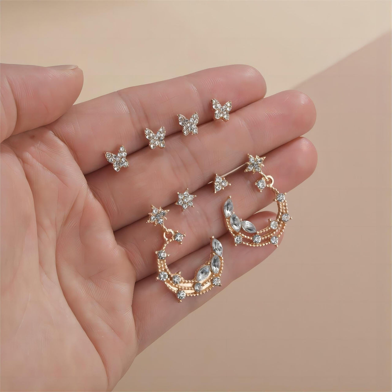 Chic CZ Inlaid Moon Phase Star Dangle Stud Earrings Set - ArtGalleryZen