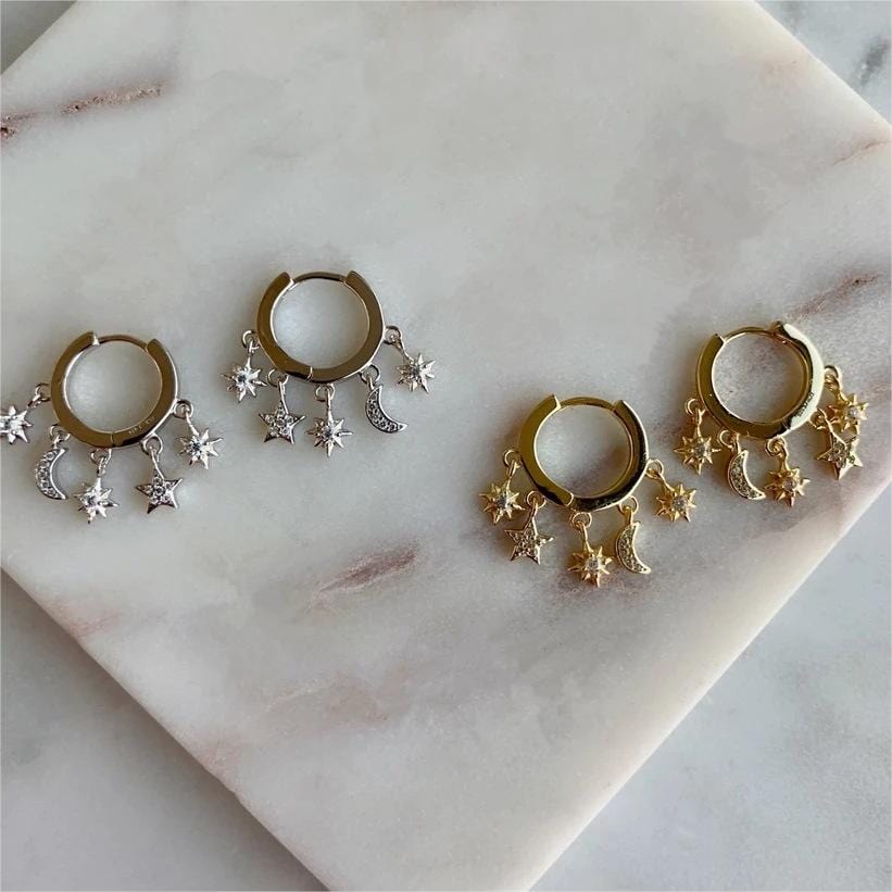 Chic CZ Inlaid Moon Phase Star Tassel Earrings - ArtGalleryZen