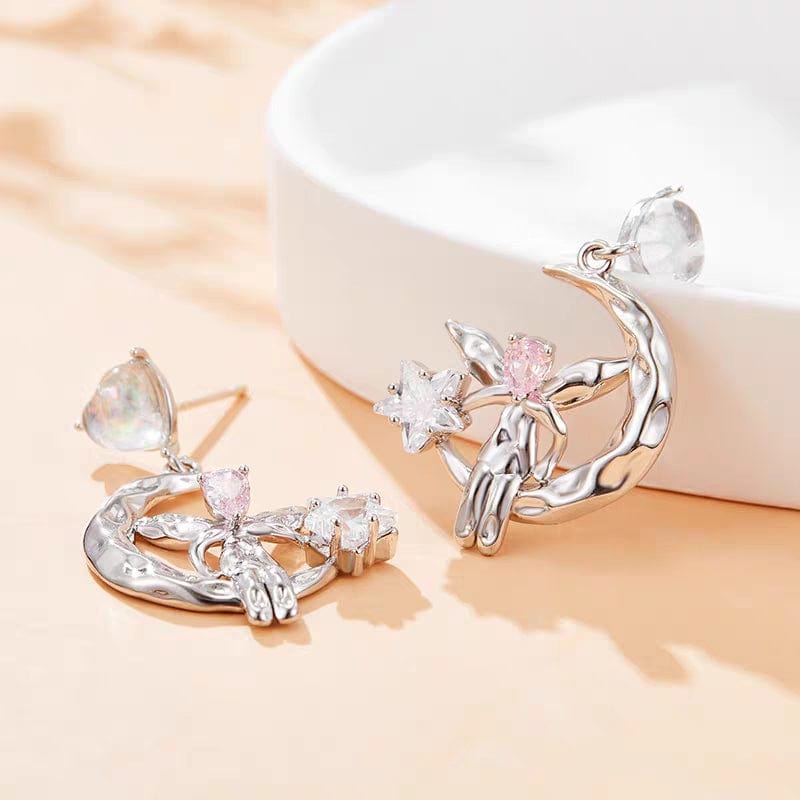 Chic CZ Inlaid Moon Star Angel Dangle Earrings - ArtGalleryZen