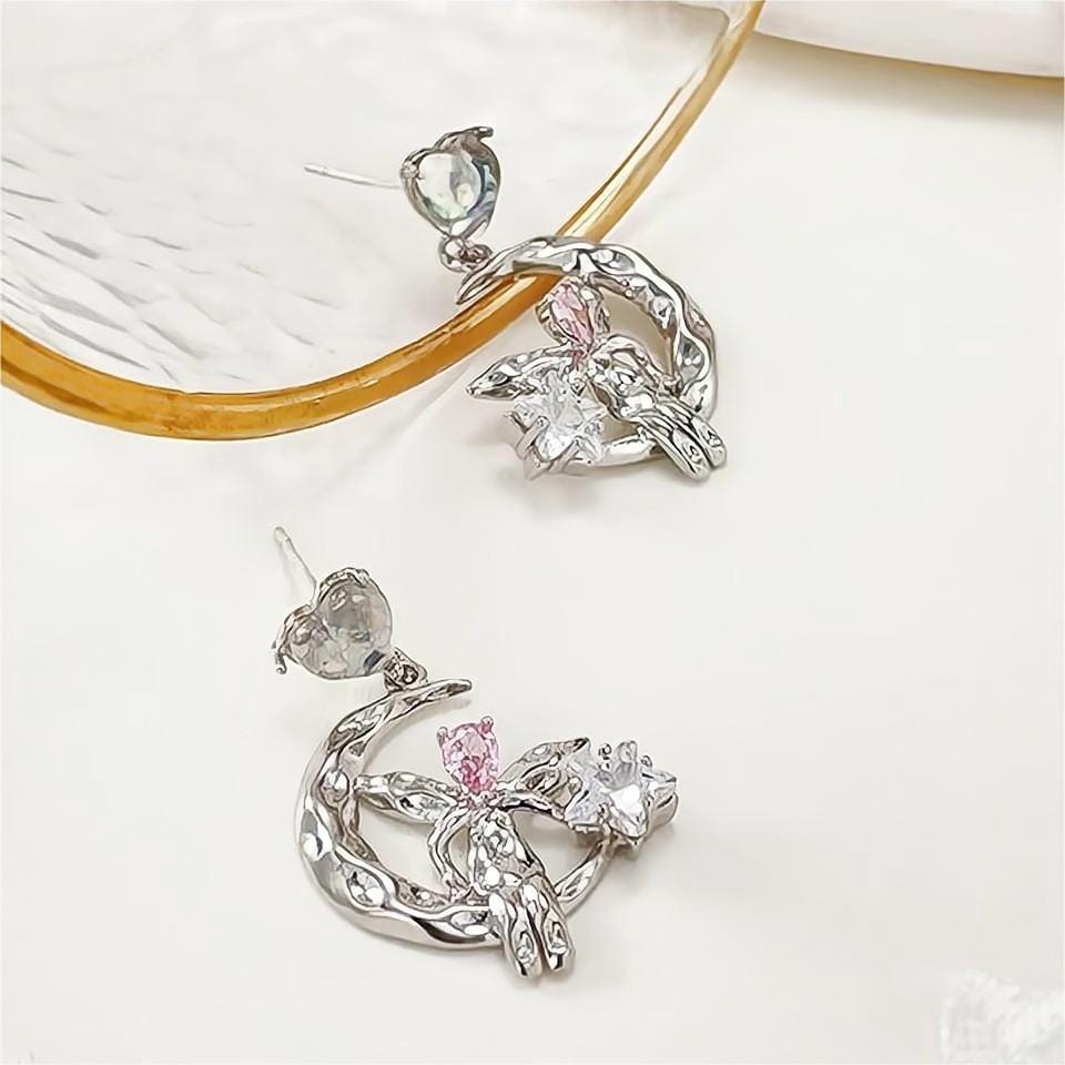 Chic CZ Inlaid Moon Star Angel Dangle Earrings - ArtGalleryZen