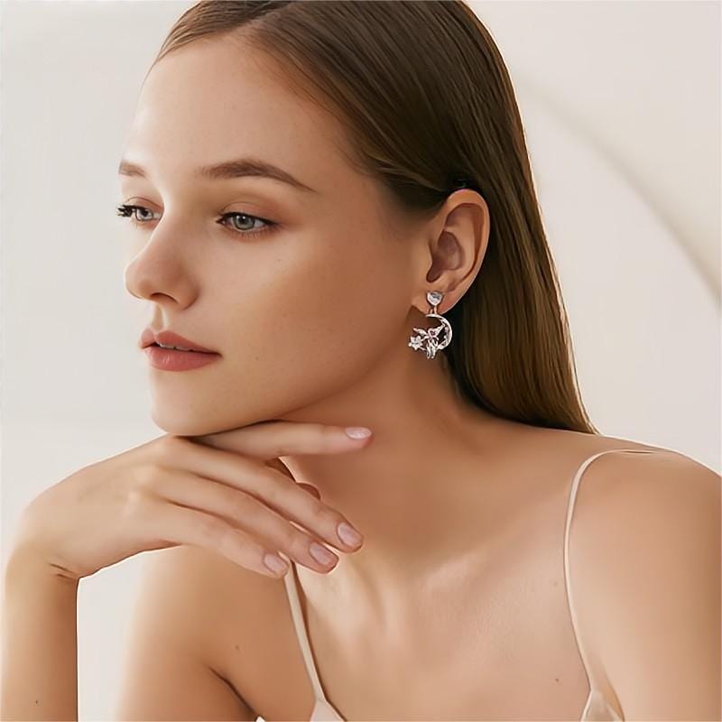 Chic CZ Inlaid Moon Star Angel Dangle Earrings - ArtGalleryZen