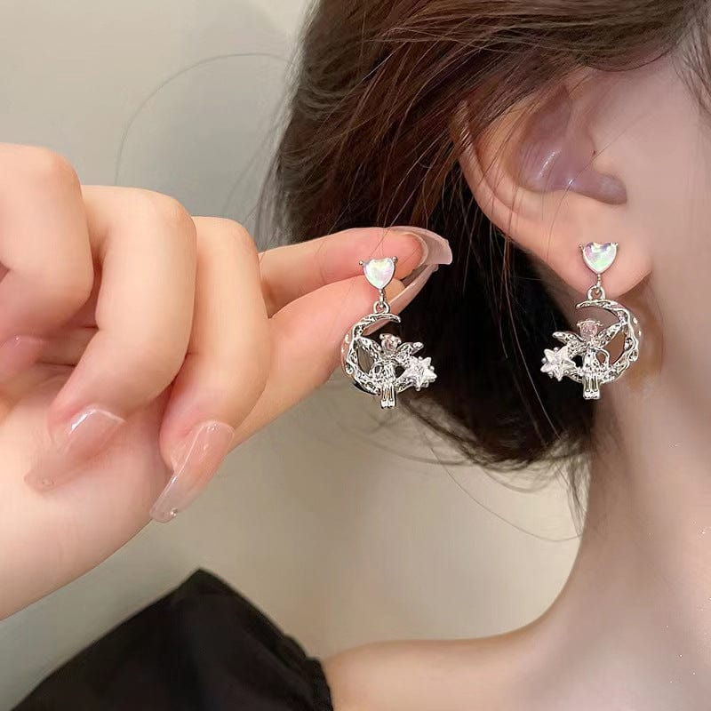 Chic CZ Inlaid Moon Star Angel Dangle Earrings - ArtGalleryZen