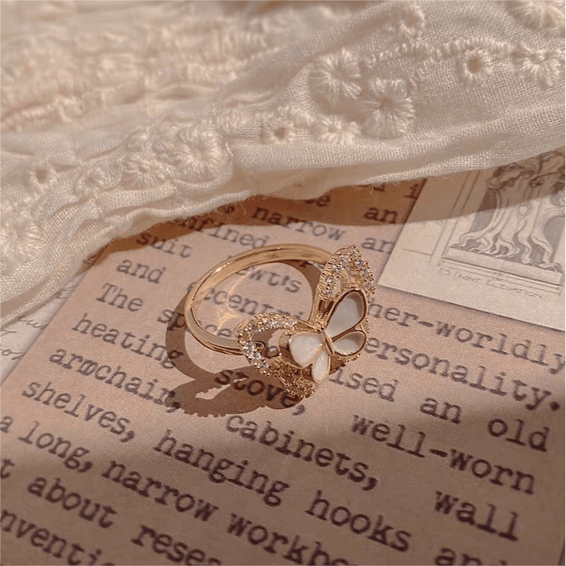 Chic CZ Inlaid Natural Pearl Shell Duo Butterfly Ring - ArtGalleryZen