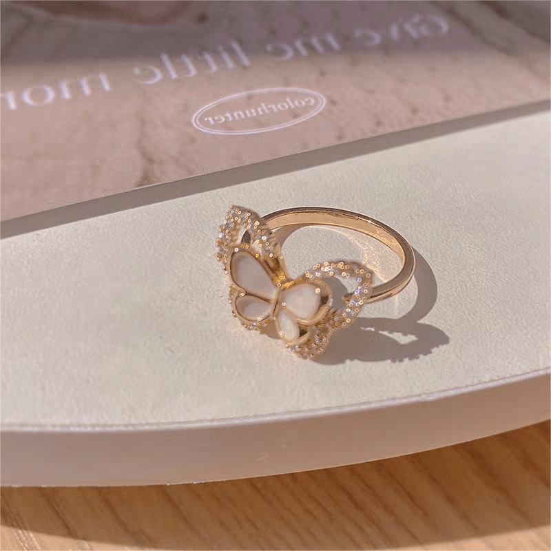 Chic CZ Inlaid Natural Pearl Shell Duo Butterfly Ring - ArtGalleryZen