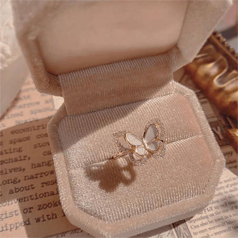 Chic CZ Inlaid Natural Pearl Shell Duo Butterfly Ring - ArtGalleryZen