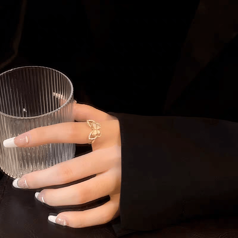 Chic CZ Inlaid Natural Pearl Shell Duo Butterfly Ring - ArtGalleryZen