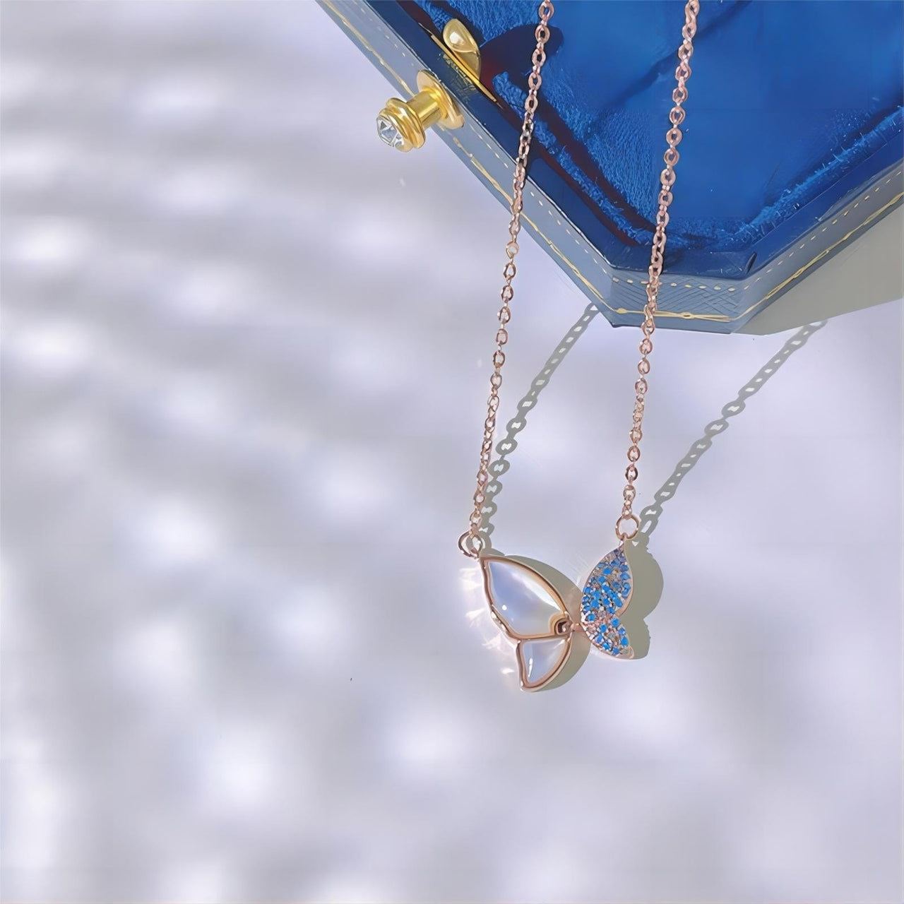 Chic CZ Inlaid Natural Pearl Shell Flapping Wings Butterfly Necklace - ArtGalleryZen