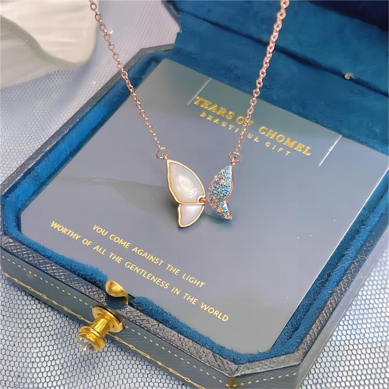 Chic CZ Inlaid Natural Pearl Shell Flapping Wings Butterfly Necklace - ArtGalleryZen