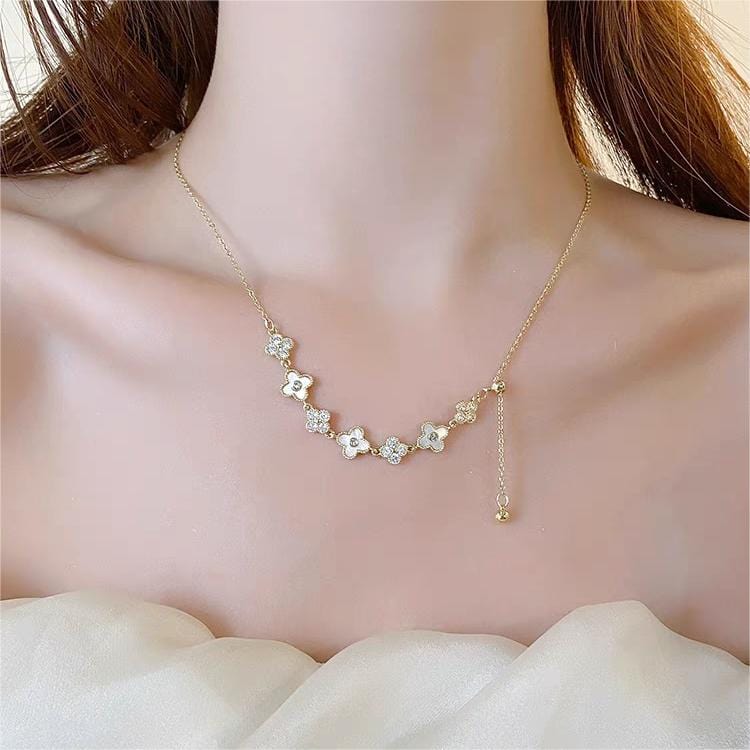 Chic CZ Inlaid Natural Pearl Shell Floral Necklace - ArtGalleryZen