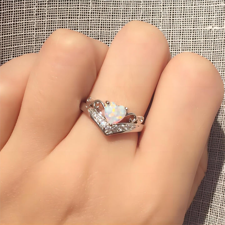 Chic CZ Inlaid Pink Opal Heart Ring