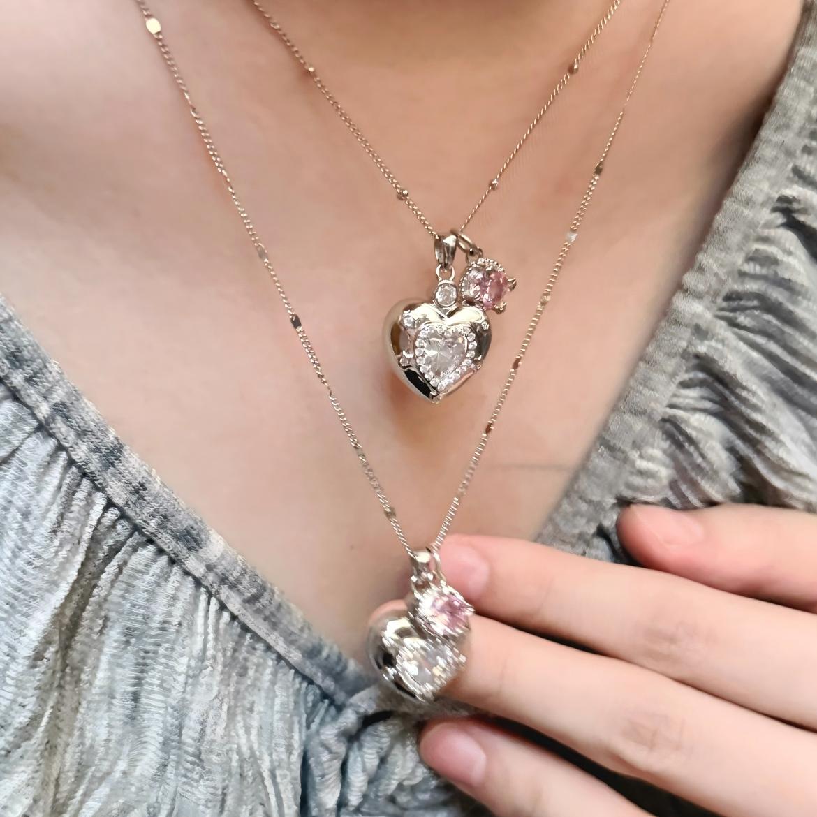 Chic CZ Inlaid Pink Crystal Heart Chain Necklace - ArtGalleryZen