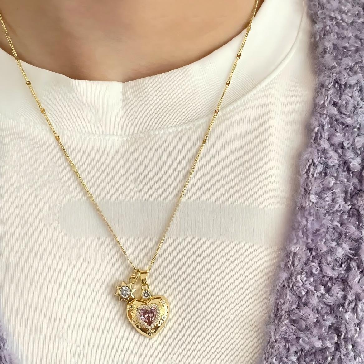 Chic CZ Inlaid Pink Crystal Heart Chain Necklace - ArtGalleryZen