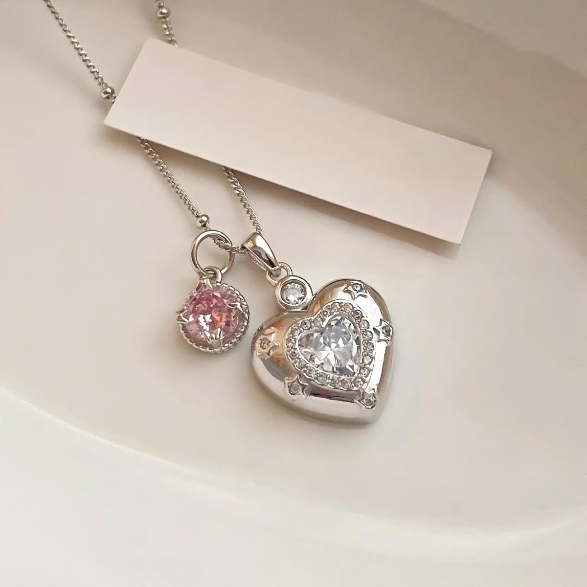 Chic CZ Inlaid Pink Crystal Heart Chain Necklace - ArtGalleryZen