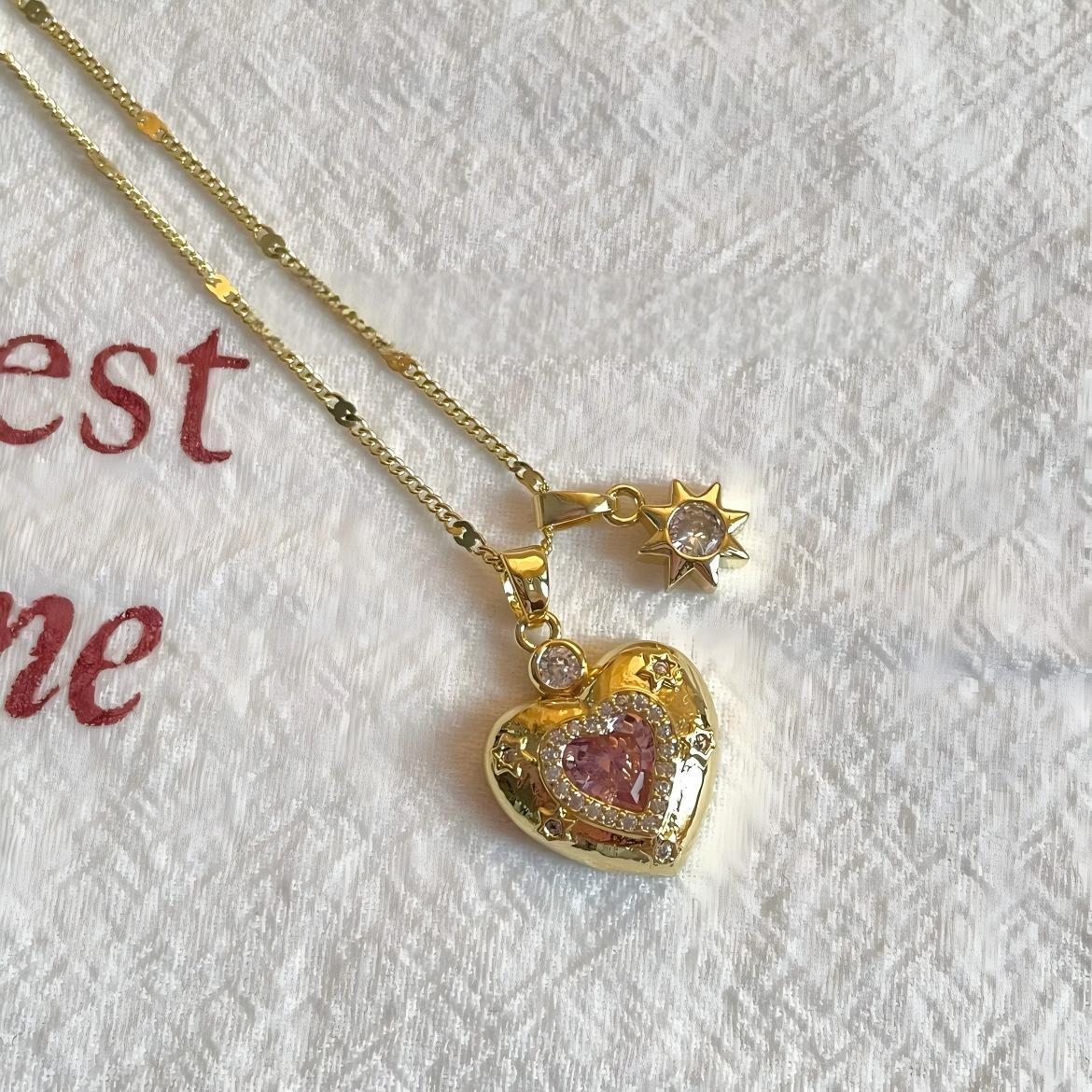 Chic CZ Inlaid Pink Crystal Heart Chain Necklace - ArtGalleryZen