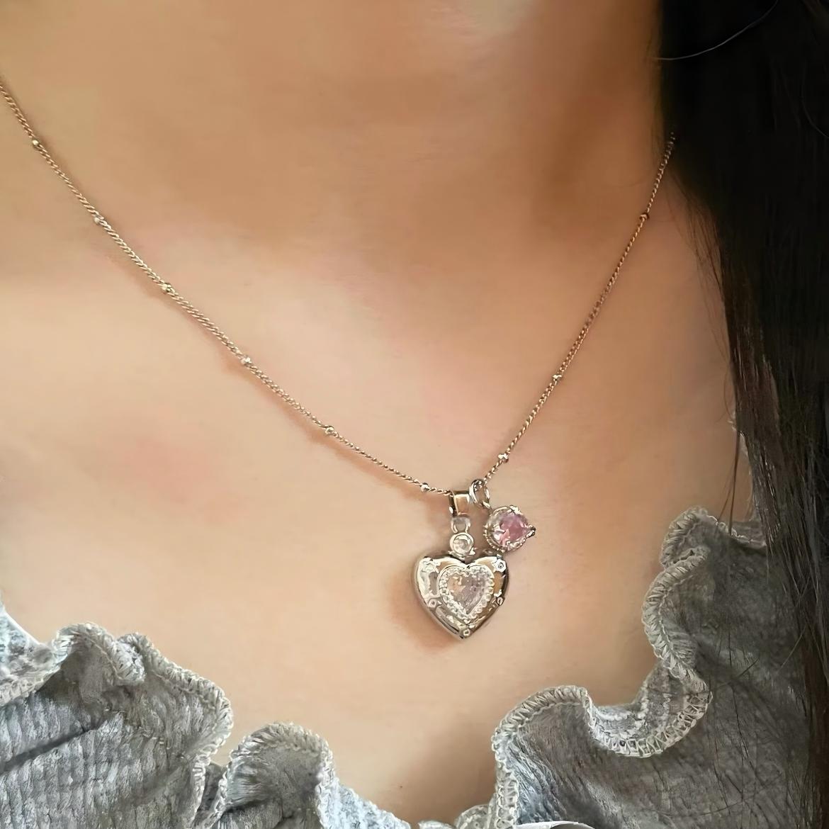 Chic CZ Inlaid Pink Crystal Heart Chain Necklace - ArtGalleryZen