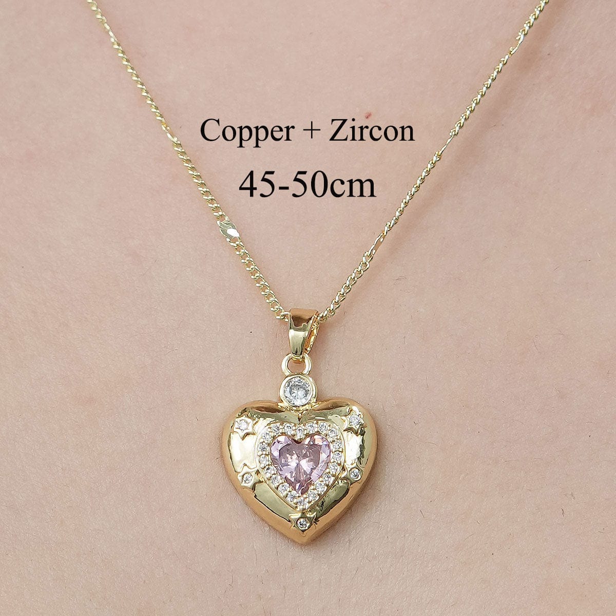 Chic CZ Inlaid Pink Crystal Heart Chain Necklace - ArtGalleryZen