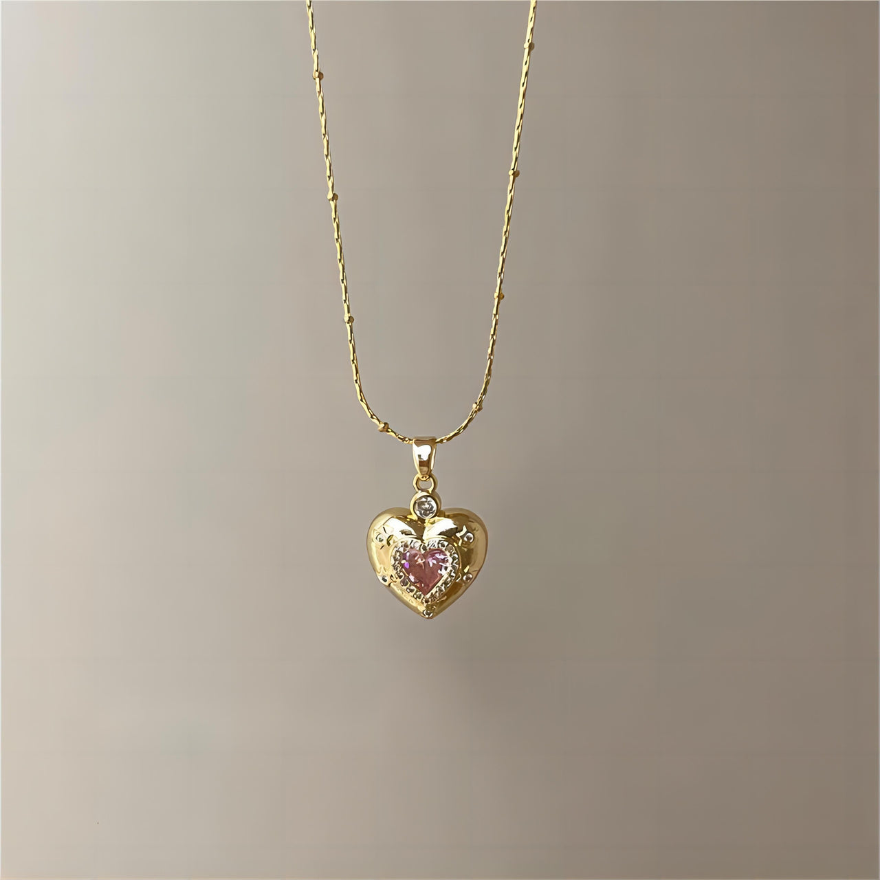 Chic CZ Inlaid Pink Crystal Heart Chain Necklace - ArtGalleryZen