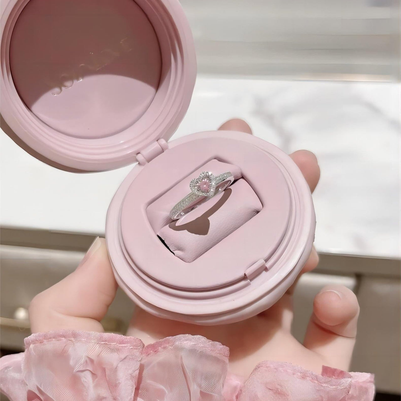 Chic CZ Inlaid Pink Crystal Heart Ring - ArtGalleryZen