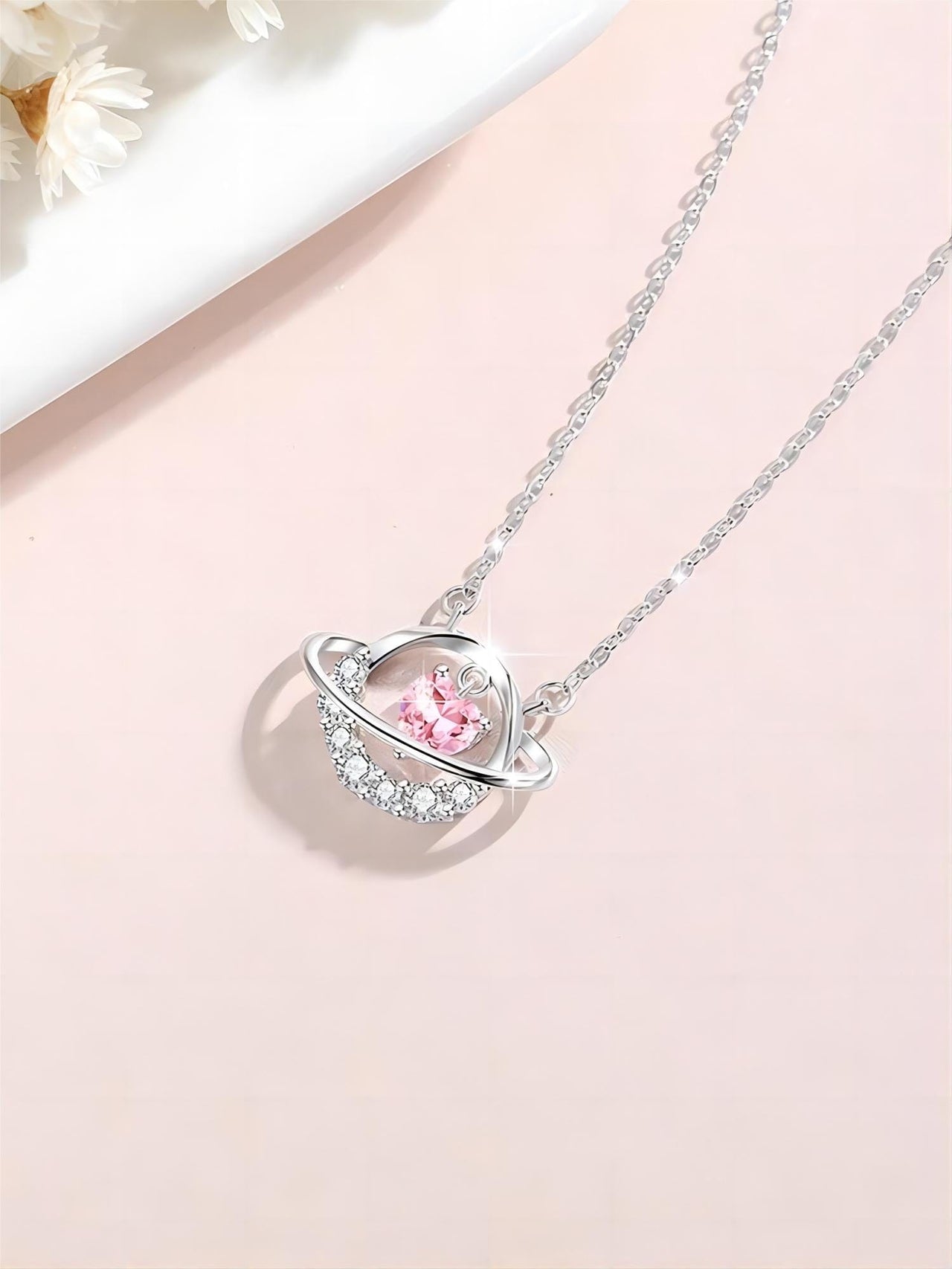 Chic CZ Inlaid Planet Dangle Heart Pendant Necklace - ArtGalleryZen