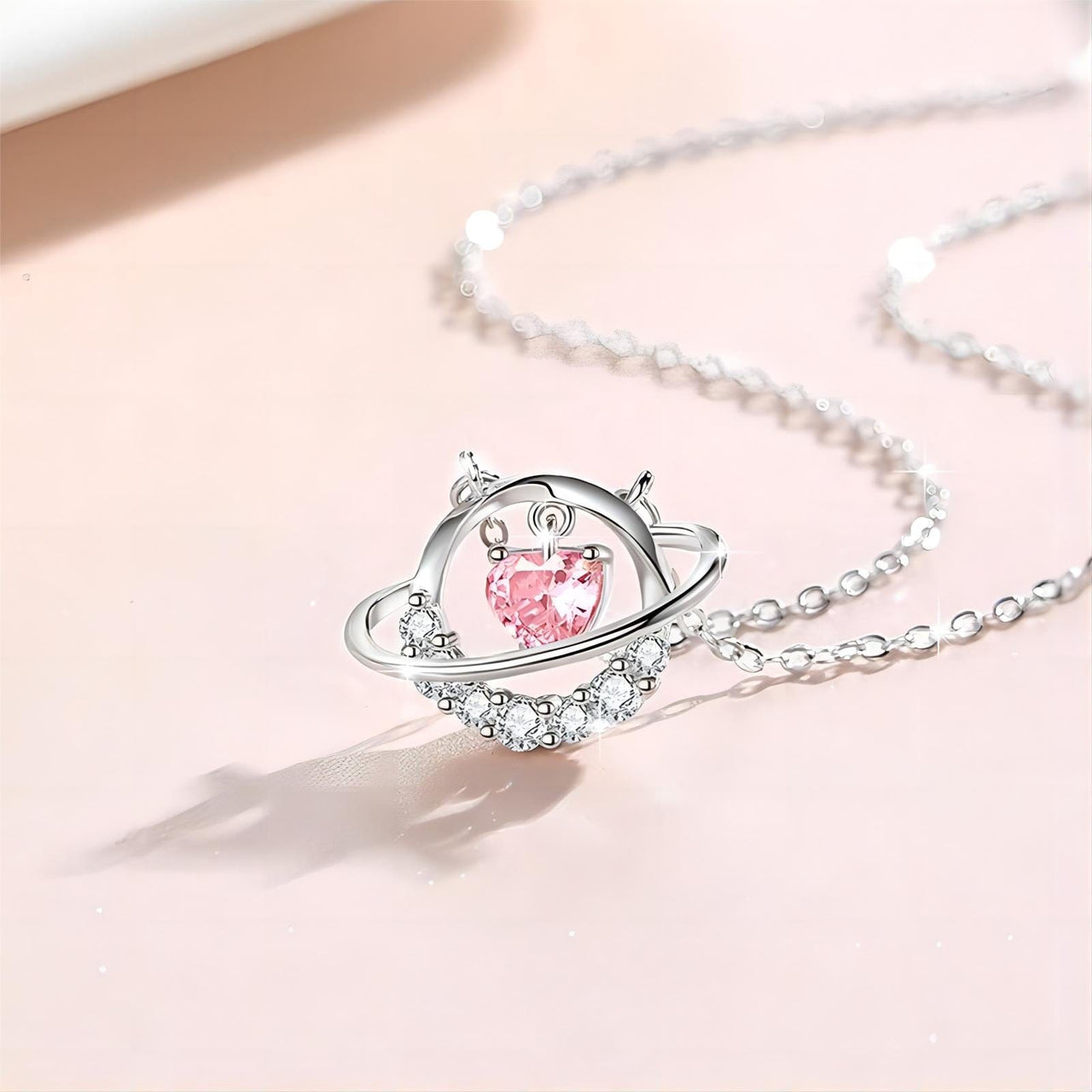 Chic CZ Inlaid Planet Dangle Heart Pendant Necklace - ArtGalleryZen