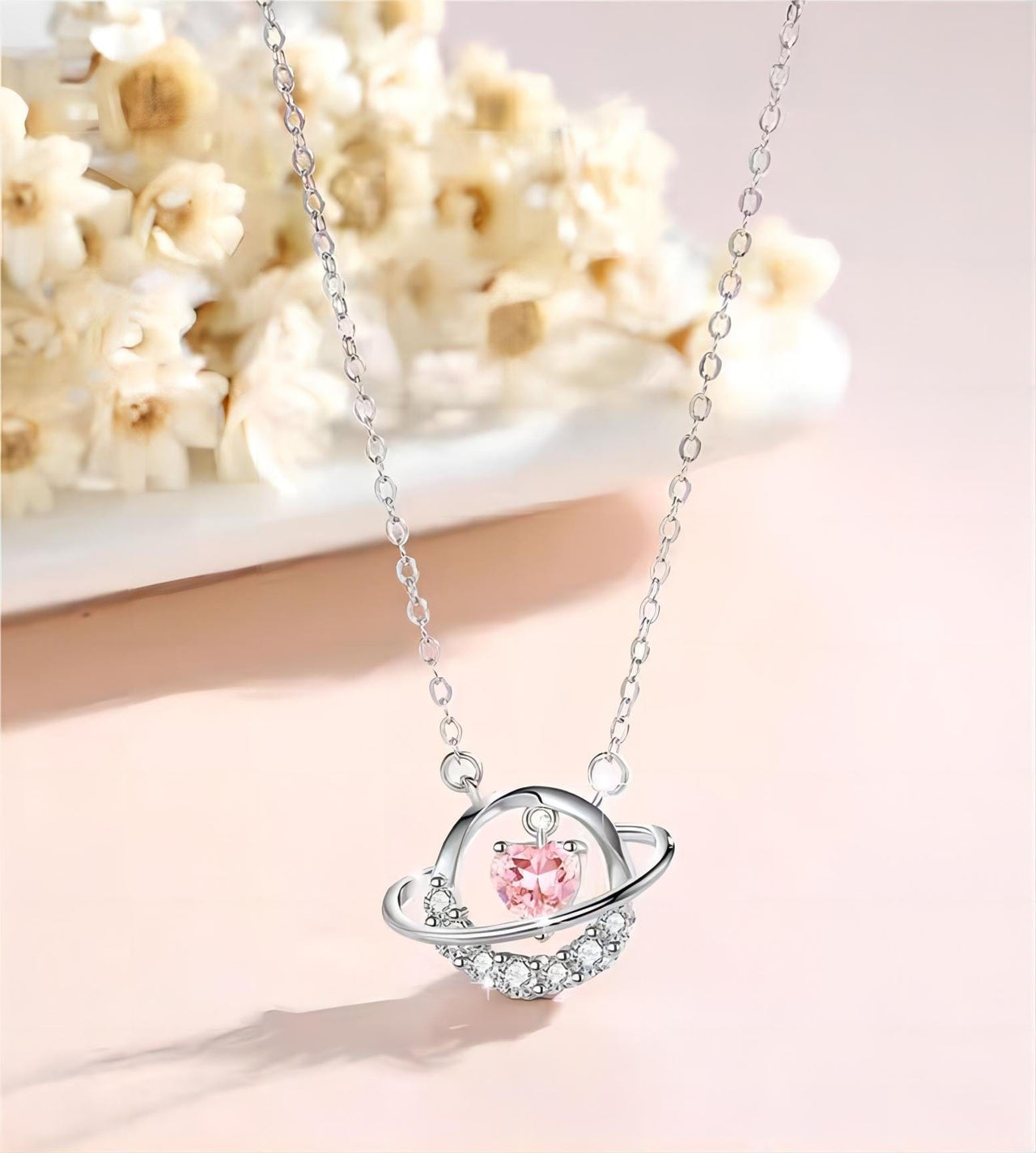 Chic CZ Inlaid Planet Dangle Heart Pendant Necklace - ArtGalleryZen